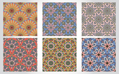 Set of abstract seamless pattern with mandala flowers. Mosaic, tile, polka dot collection of floral backgrounds.