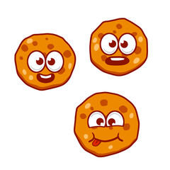 Funny cookies with emotions. Joyful cute food. Smiling dessert. Mascot pastry with a face. Cartoon sticker illustration