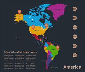 Infographics America map, flat design colors, with names of individual states and islands,  blue background with orange points vector