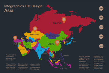 Infographics Asia map, flat design colors, with names of individual states, blue background with orange points vector
