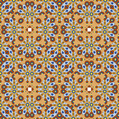 Abstract mandala fish scale seamless pattern. Ornamental tile, mosaic background. Floral patchwork infinity card. Arabic, Indian, ottoman motifs.