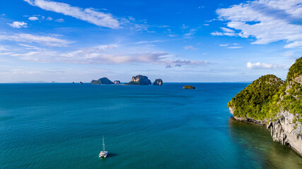 Railay beach in Thailand, Krabi province, aerial view of tropical Railay and Pranang beaches and coastline of Andaman sea from above