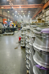 Industrial zone. Production workshop with special equipment. Production of the alloy wheels