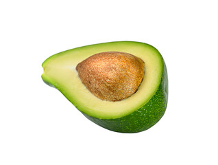 Half an avocado close-up with a bone isolated on a white background.