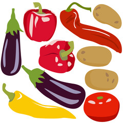 set of vegetables. fresh vegetables. potatoes, peppers, eggplant and tomato in a flat style. stock vector illustration isolated on white background.