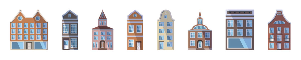 Long set of European colored old houses, shops and factories in the traditional Dutch town style. Vector illustration in the flat style isolated on a white background. Design elements for a banner.