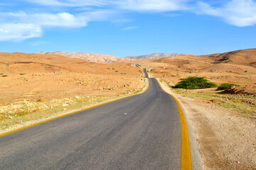 Fototapeta na wymiar Road rolling through the countryside, view of the desert and mountains in Jordan