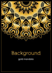Gold mandala poster, cover, card, invitation with black background. Identity for yoga studio, meditation class, lounge cafe. Luxury gold vector elements. A4 format easy resizable beautiful template