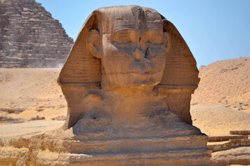 The Great Sphinx of Giza, a large statue in the form of an animal with a human head, detail of the...