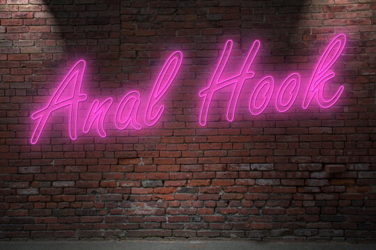 Neon anal hook (in german Analhaken) lettering on Brick Wall at night