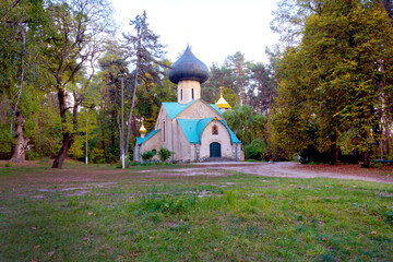 View of the Holy Transfiguration Church, architect A. Shchusev in the park, in the Natalyevka estate complex, Kharkiv region, Ukraine