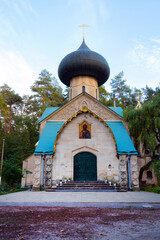 The main facade of the Holy Transfiguration Church, architect A. Shchusev in the Natalyevka estate complex, Kharkiv region, Ukraine