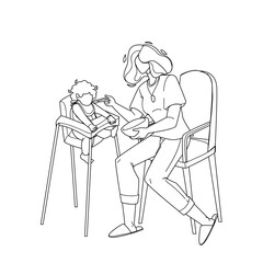 Baby Eating Food Breakfast With Appetite Black Line Pencil Drawing Vector. Mother Feeding With Spoon Child Sitting In Highchair, Little Kid Eat Meal With Appetite. Characters Woman And Infant