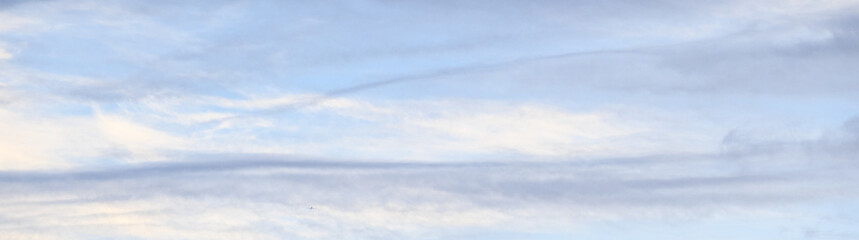 Streaky pastel clouds in early evening, shades of blue, gray, and white, as a nature background
