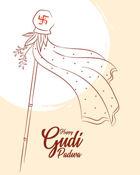 Line drawing illustration of Happy Gudi Padwa Festival Greeting background. Hindu New Year festival celebrated across India.