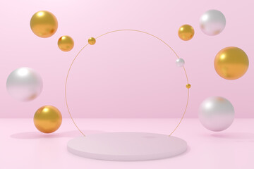 Abstract background 3d render podium stage. Minimal abstract modern design background 3d rendering. Floating gold and silver spheres.