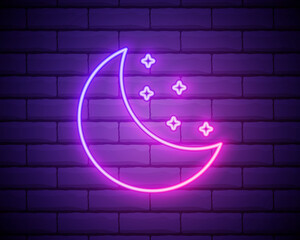 Simple moon. Weather symbol. Linear icon with thin outline. Neon style. Light decoration icon. Bright electric symbol isolated on brick wall