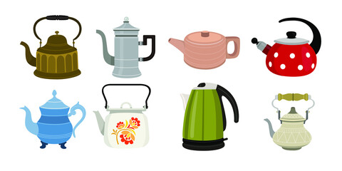Set of teapots, flat design style.