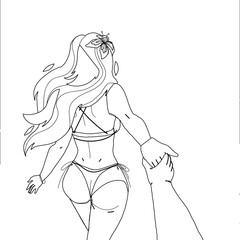 On Beach Woman Wanting Man To Follow Her Black Line Pencil Drawing Vector. Hispanic Young Girl Girlfriend In Bikini Holding Boyfriend Hand And Leading On Beach. Characters Summer Vacation Illustration