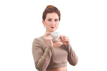 young woman with tea cup on white background
