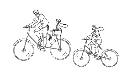 Fototapeta na wymiar Bicyclists Family Riding Together In Park Black Line Pencil Drawing Vector. Bicyclists Mother And Father With Daughter Ride Bicycles. Characters Cyclists On Bikes Active Sport Weekend Time