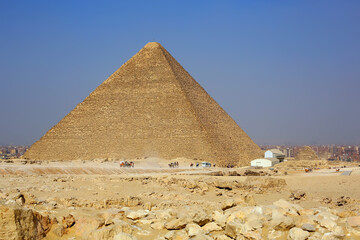  Great Egyptian Pyramid and landscape of Giza, Cairo city with blue sky, touristic famous landmark