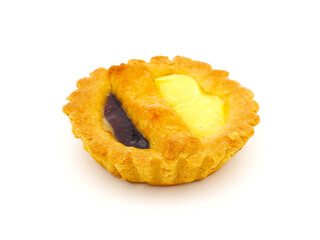 Custard and jam tart isolated on white background