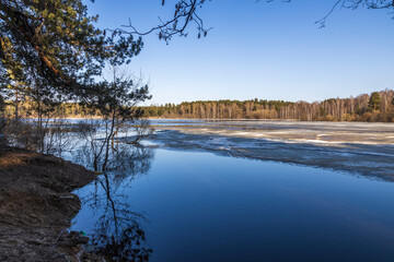 High water, the river overflows its banks. Flooding in the forest.