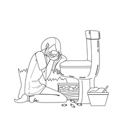 Woman Nutrition Disorder Bulimia Problem Black Line Pencil Drawing Vector. Young Sad And Depressed Bulimic Girl Feeling Sick Bulimia Guilty Sitting On Floor Leaning On Toilet Eating Burger. Character - obrazy, fototapety, plakaty