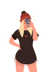 Girl taking a selfie. Vector flat cartoon illustration on white background
