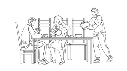 Business Dining And Meeting In Restaurant Black Line Pencil Drawing Vector. Businesspeople Have Dining And Celebrate Success Deal Contract. Characters Men And Woman Eating Food In Cafe Together
