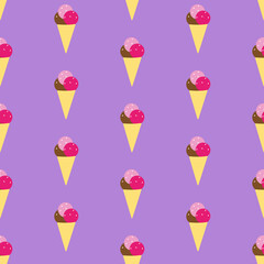 Three balls of ice-cream, including brown, pink and magenta, in beige waffle cone, on violet background, seamless pattern 