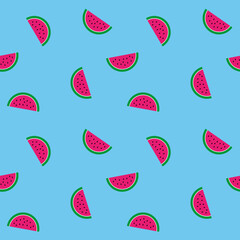 Magenta watermelon with green peel and black seeds on blue background, seamless pattern