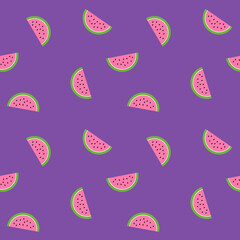 Pink watermelon with green peel and black seeds on purple background, seamless pattern