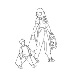 Children Etiquette Help To Adult Carry Bags Black Line Pencil Drawing Vector. Children Etiquette And Good Manners, Boy Son Helping Mother Woman Carrying Products Food. Characters Kid With Parent