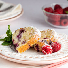 Raspberry Breakfast Bundt Cake slices showing off the raspberry marbling inside.