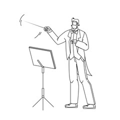 Music Conductor Man Conducting Orchestra Black Line Pencil Drawing Vector. Conductor Leader With Stick Baton And Stand With Notes Book Directing Symphony Musicians. Character Gesturing Illustration