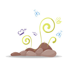 Flowerbed with flowers greens bee butterflies isolated on white background