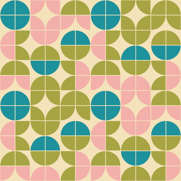 Mid Century Modern Mod Geometric Floral Design. 1960s Wallpaper Design In A Retro Color Palette. Vintage Scandinavian Style Pattern Repeat.