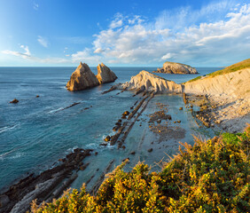 Blossoming Arnia Beach evening coastline landscape.