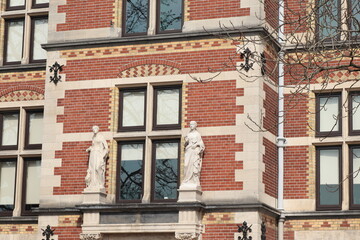 Amsterdam Rijksmuseum Building Facade Detail with Two Sculptures, Holland