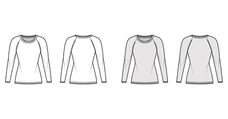 Round neck Sweater technical fashion illustration with long raglan sleeves, fitted body, hip length, knit rib trim. Flat jumper apparel front, back, white grey color style. Women men unisex CAD mockup