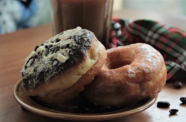closeup delicious donuts with almonds cake dessert baked