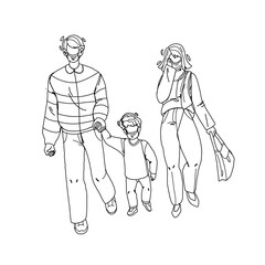 Dust Pollution Protective Mask Wear Family Black Line Pencil Drawing Vector. Father, Mother And Son Walking On Street And Wearing Facial Protection Accessory From Dust Or Dangerous Smoke. Character