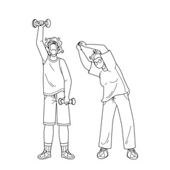 Elderly Fitness Exercising Senior Couple Black Line Pencil Drawing Vector. Old Man And Woman Make Fitness Exercise, Grandfather Working With Dumbbells And Grandmother Making Physical Jerks. Characters