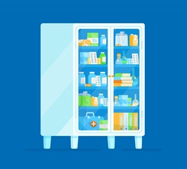 Vector illustration of an insulated transparent cabinet with pills. Medical furniture in hospital, trauma center, dentistry. Shelves on bright blue background. 