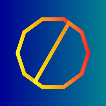 Abstract geometric decagon outline with a diagonal dividing line and yellow to red gradient on a dark blue background. Modern Y2K futuristic vector design for tech branding and blueprint concepts.