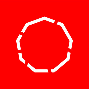Minimalist white segmented decagon loading icon on a vibrant red background. Modern Cyber and Swiss Design vector design for digital interfaces, tech branding, and dynamic progress concepts.
