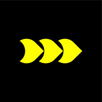 Minimalist yellow triple chevron arrow logo pointing right on a black background. Modern Y2K Cyber vector symbol for fast forward, progress, speed, and dynamic creative branding.