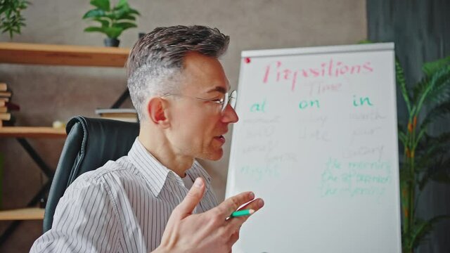 Online English lesson. Camera pov portrait of emotional middle aged male tutor explaining rules to students in internet